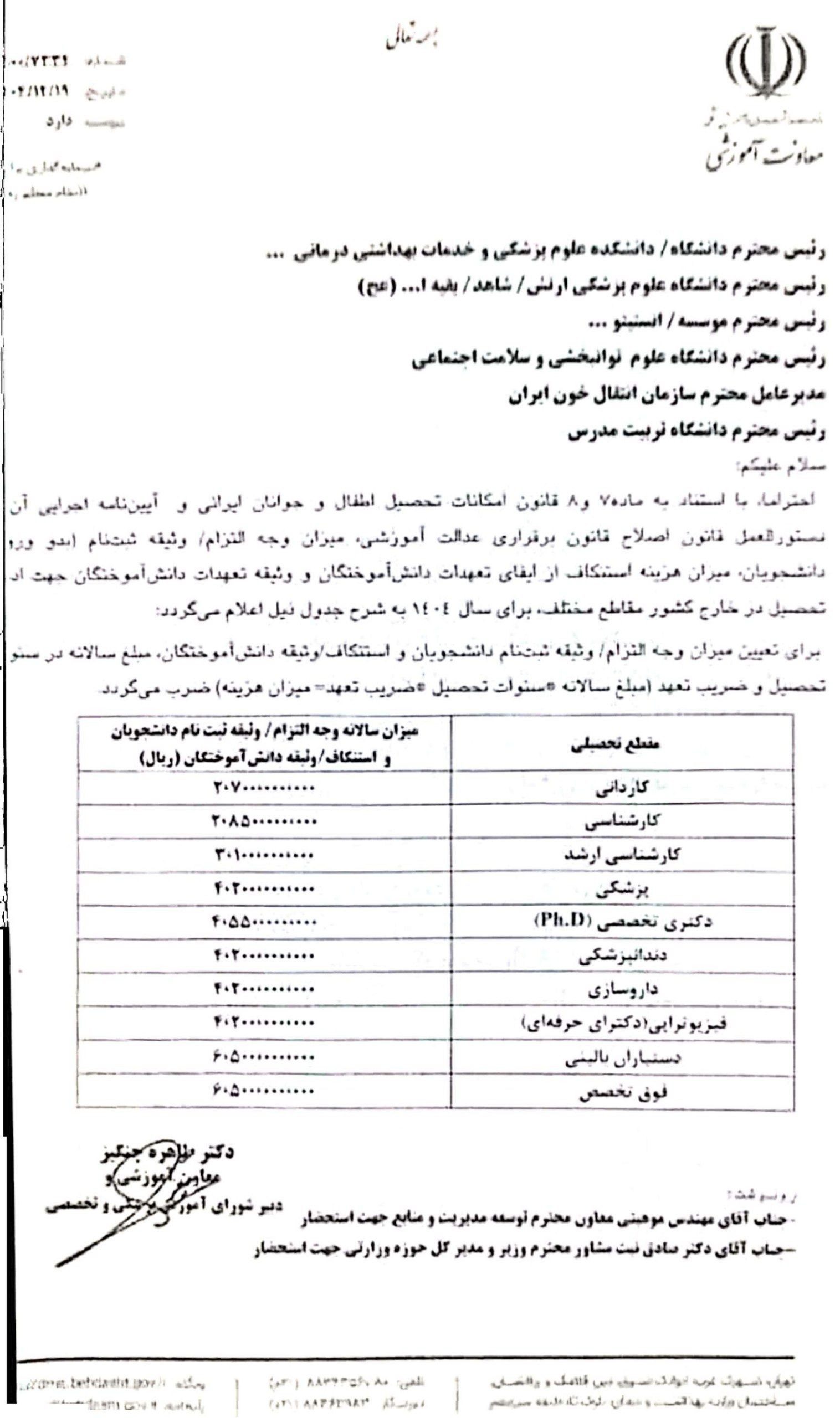 ازاد سازی مدرک اعلام مبالغ جدید آزادسازی و وثیقه‌گذاری مدارک دانش‌آموختگان علوم پزشکی در سال ۱۴۰۵ &bull; پایگاه خبری عصری نو